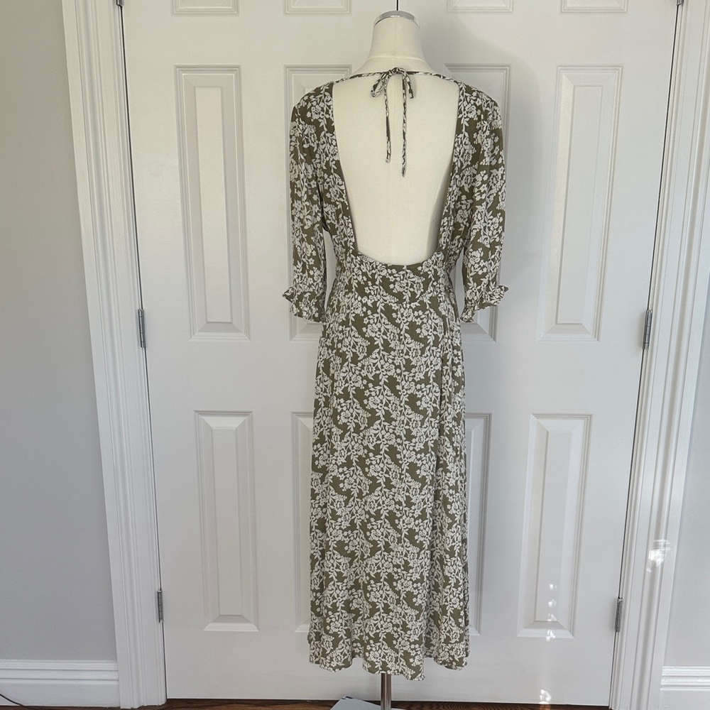 Lulus Spring Meadows Olive Green Floral Print Midi Dress Size L - Picture 12 of 15
